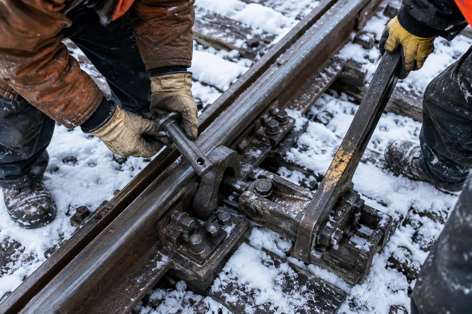 Two pairs of gloved hands test a snowy mountain rail switch and its metal linkage together