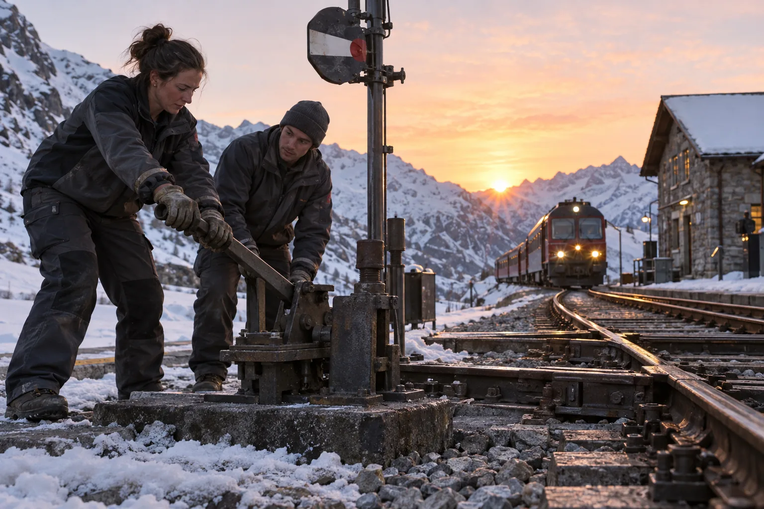 Adult railway engineer and apprentice operate a repaired signal mechanism as a train approaches the alpine station at sunrise