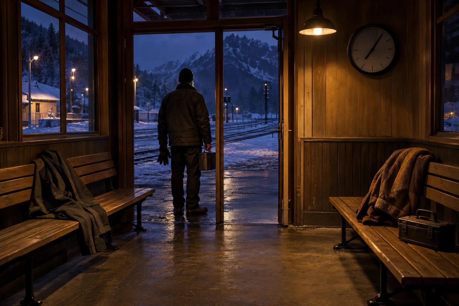 Adult railway worker pauses in the doorway of a dim alpine station waiting room as snow falls beyond the tracks