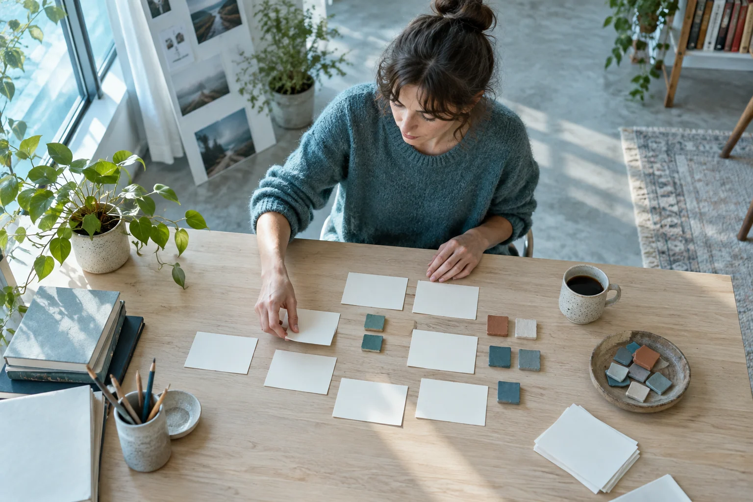 Adult writer rearranges blank scene cards and clay samples on a bright table