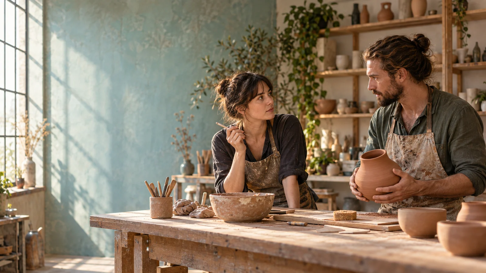 Two adult ceramic artists pause in a tense conversation across a sunlit pottery workbench
