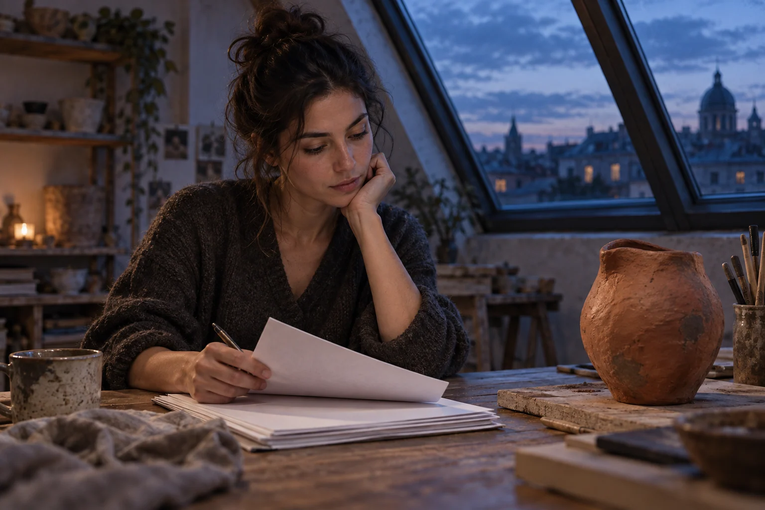 Adult writer revises blank-facing manuscript pages beside a pottery vessel at dusk