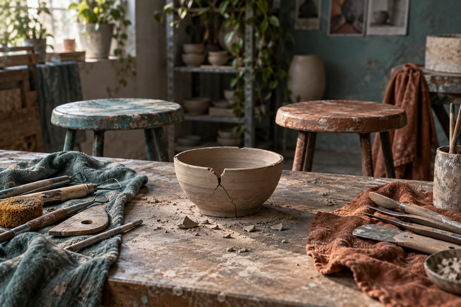 Cracked clay bowl between two empty work stools and separate sets of pottery tools