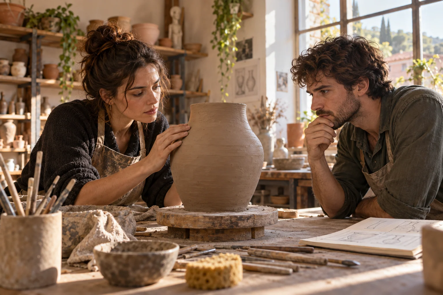Two adult ceramic artists study an unfinished vessel from opposite sides of a studio table