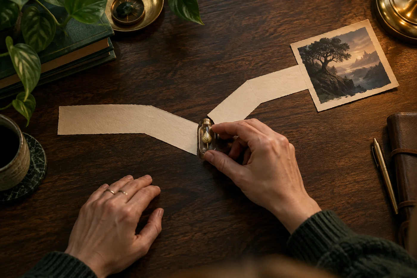 Adult writer's hands compare two blank paper opening paths beside a sealed glass seed capsule