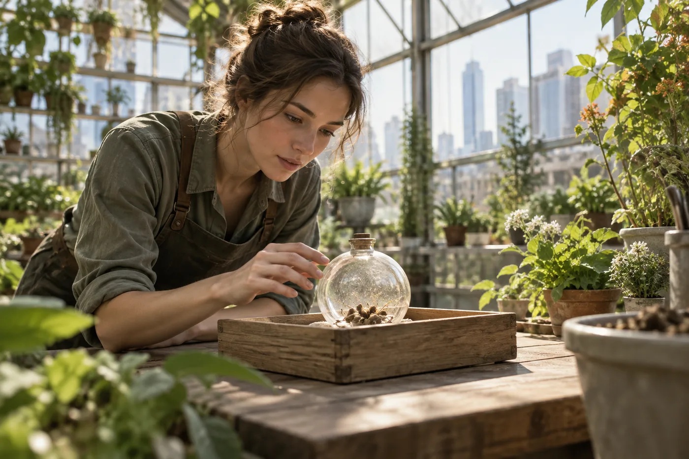 Adult gardener discovers a glass seed capsule on a bright urban greenhouse table