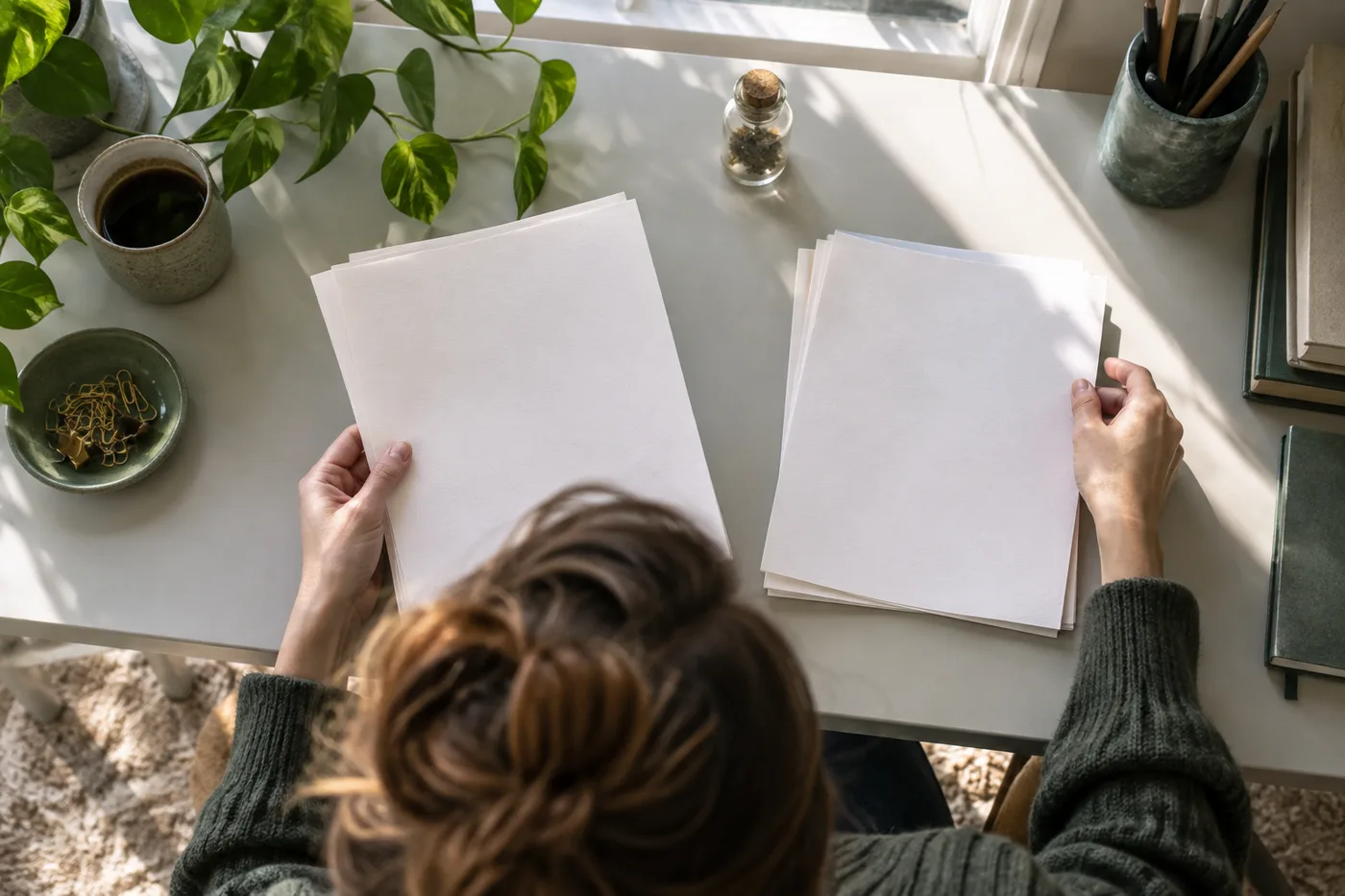 Adult novelist sets one stack of blank opening pages aside beside a glass seed capsule