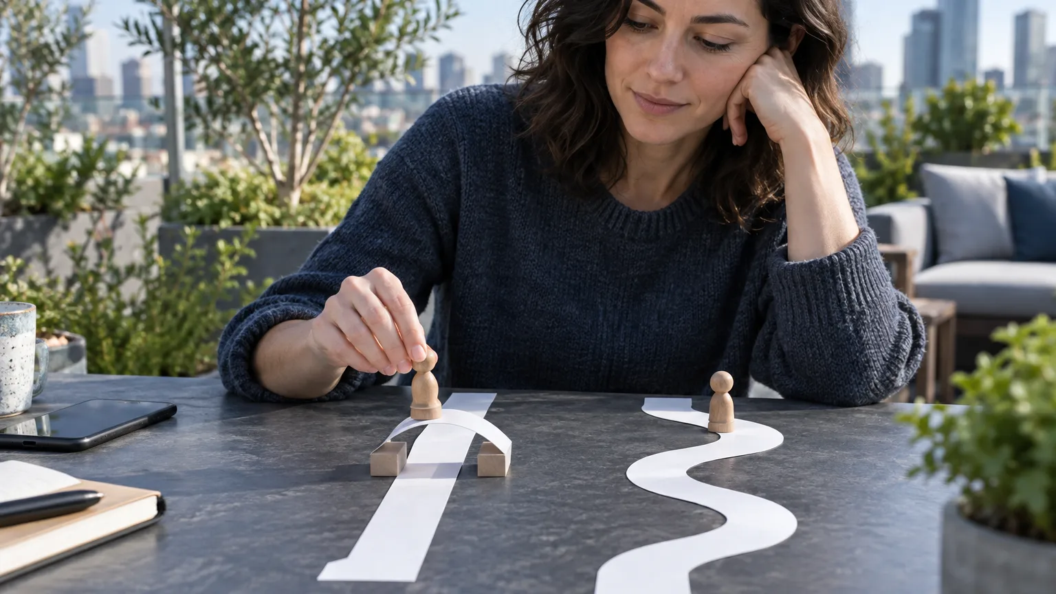 Adult novelist in a rooftop garden compares two blank paper routes with wooden markers beside a screen-down smartphone