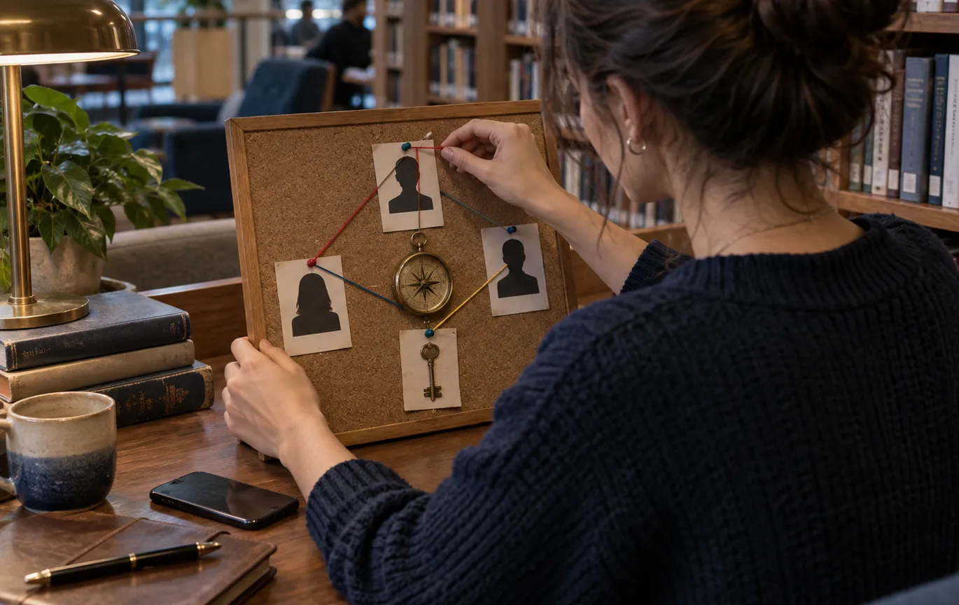 Adult writer in a library connects blank character silhouettes, a brass compass, and a key with colored threads beside a closed smartphone