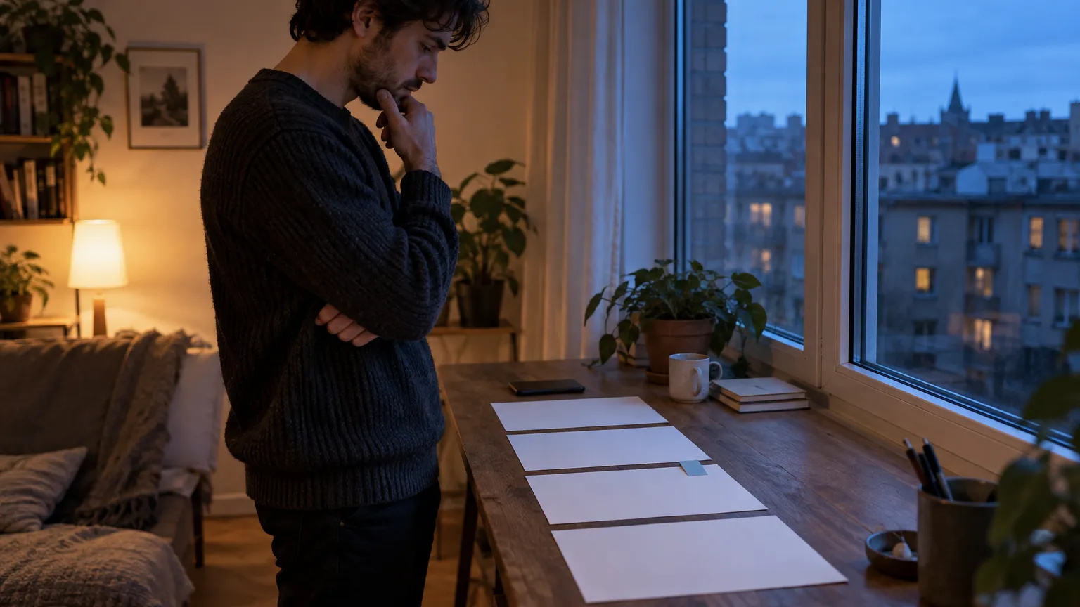 Adult novelist at an apartment window reviews four blank chapter pages and a paper bookmark beside a closed smartphone at blue hour
