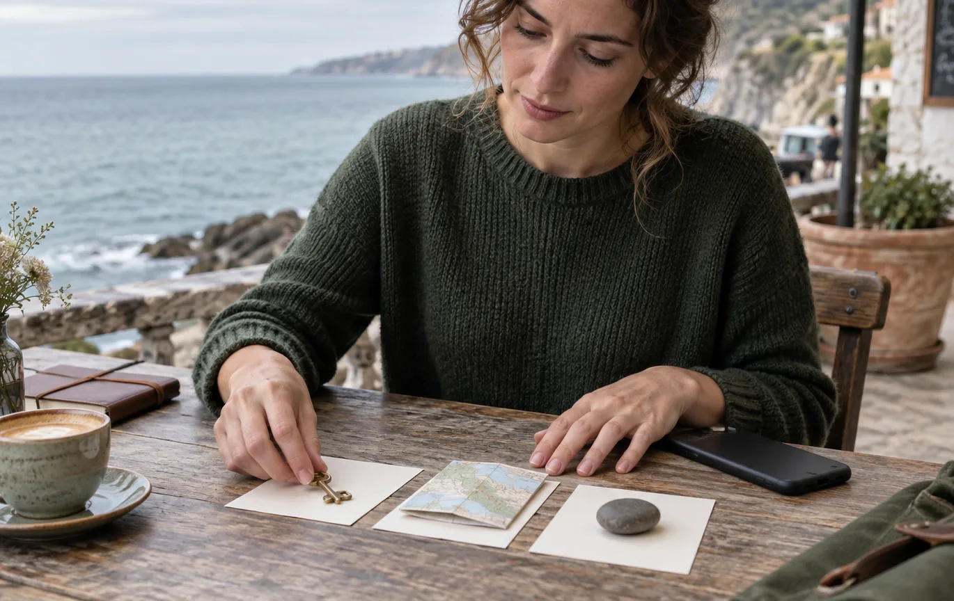 Adult novelist at a seaside cafe arranges blank cards, a key, map, and stone beside a closed smartphone to define a story premise