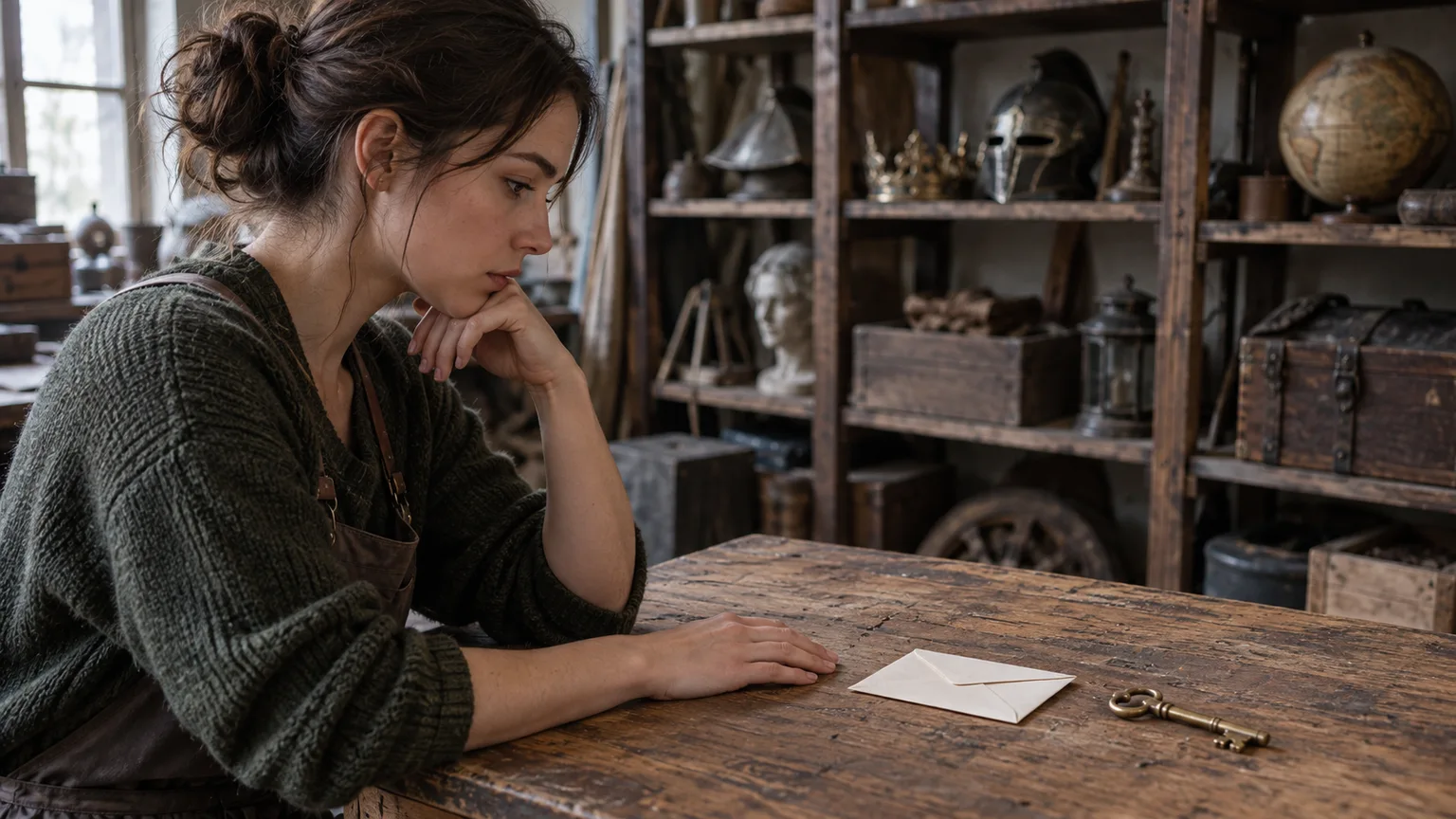Adult writer in a theater prop room considers a sealed blank envelope and a brass key on a worn wooden table