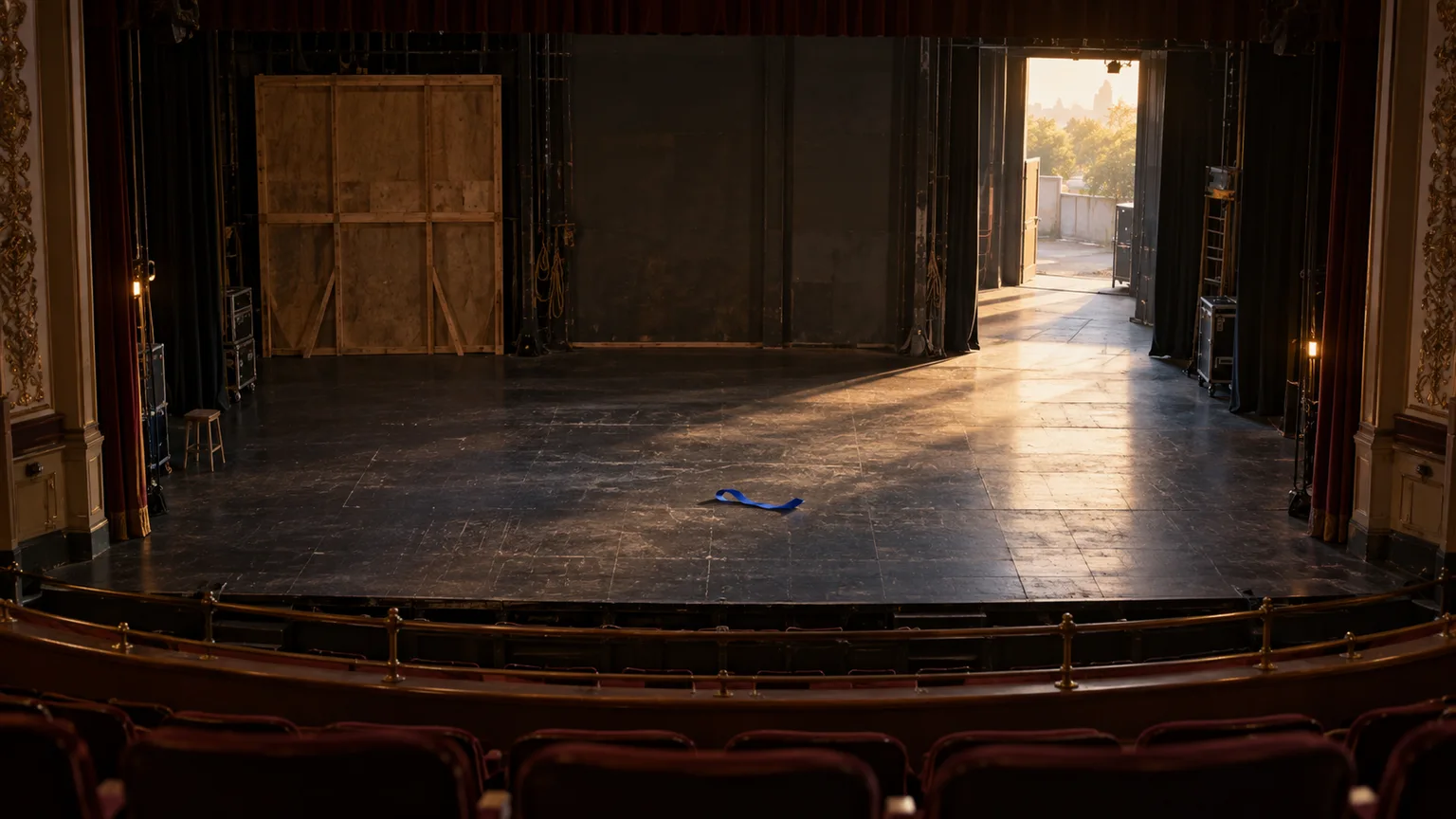 Empty theater stage with one backstage opening closed and another open to morning light, with a blue ribbon on the floor