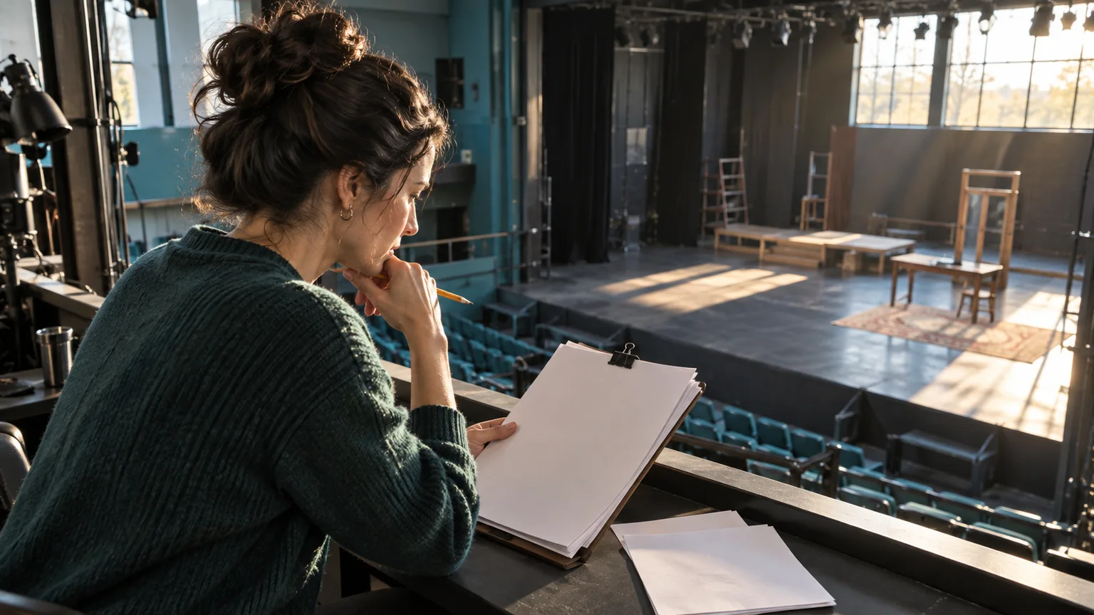 Adult writer reviews blank manuscript pages in a theater booth overlooking an empty rehearsal stage