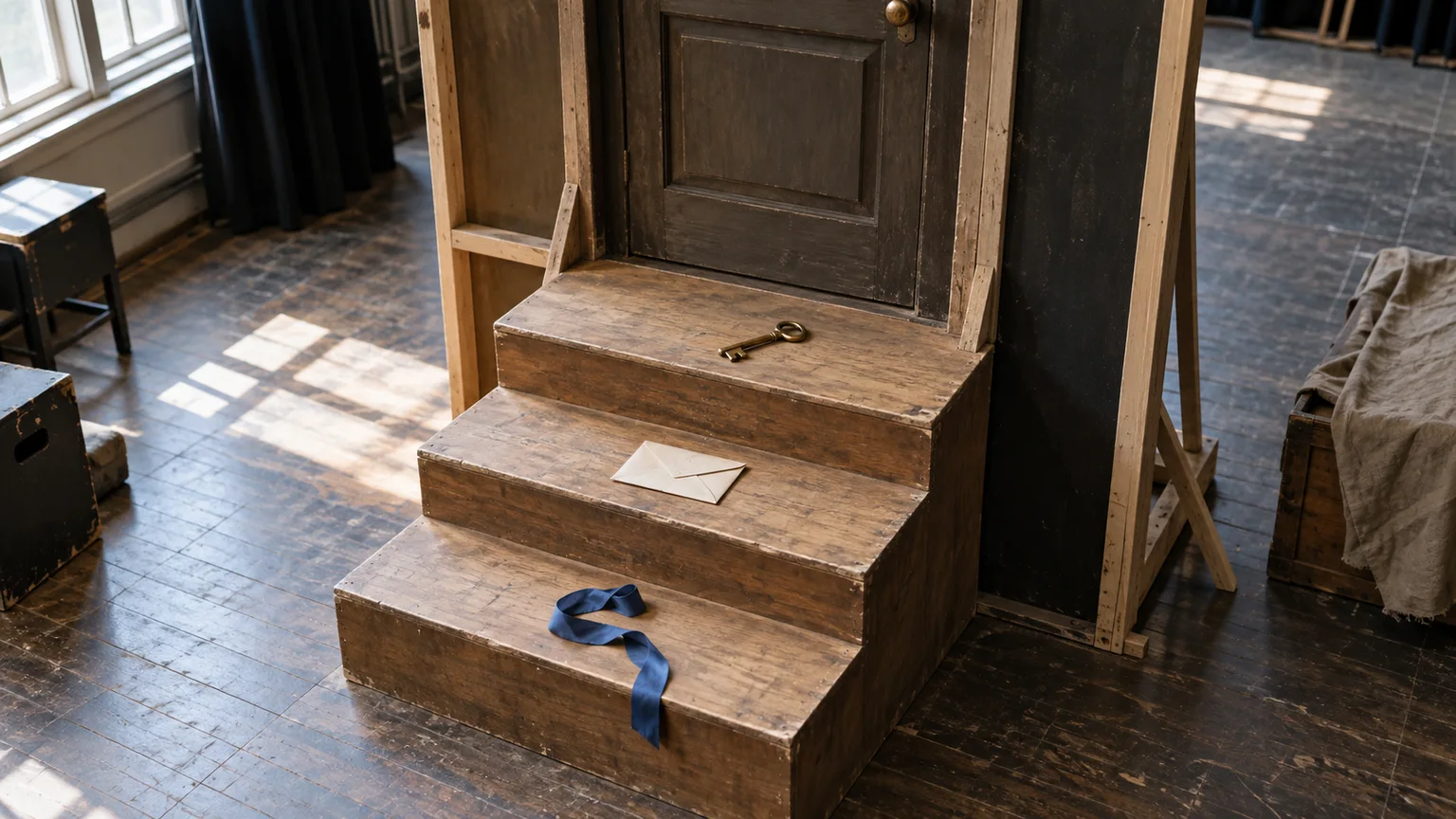 Brass key, sealed blank envelope and blue ribbon placed on three wooden rehearsal steps before a closed stage door