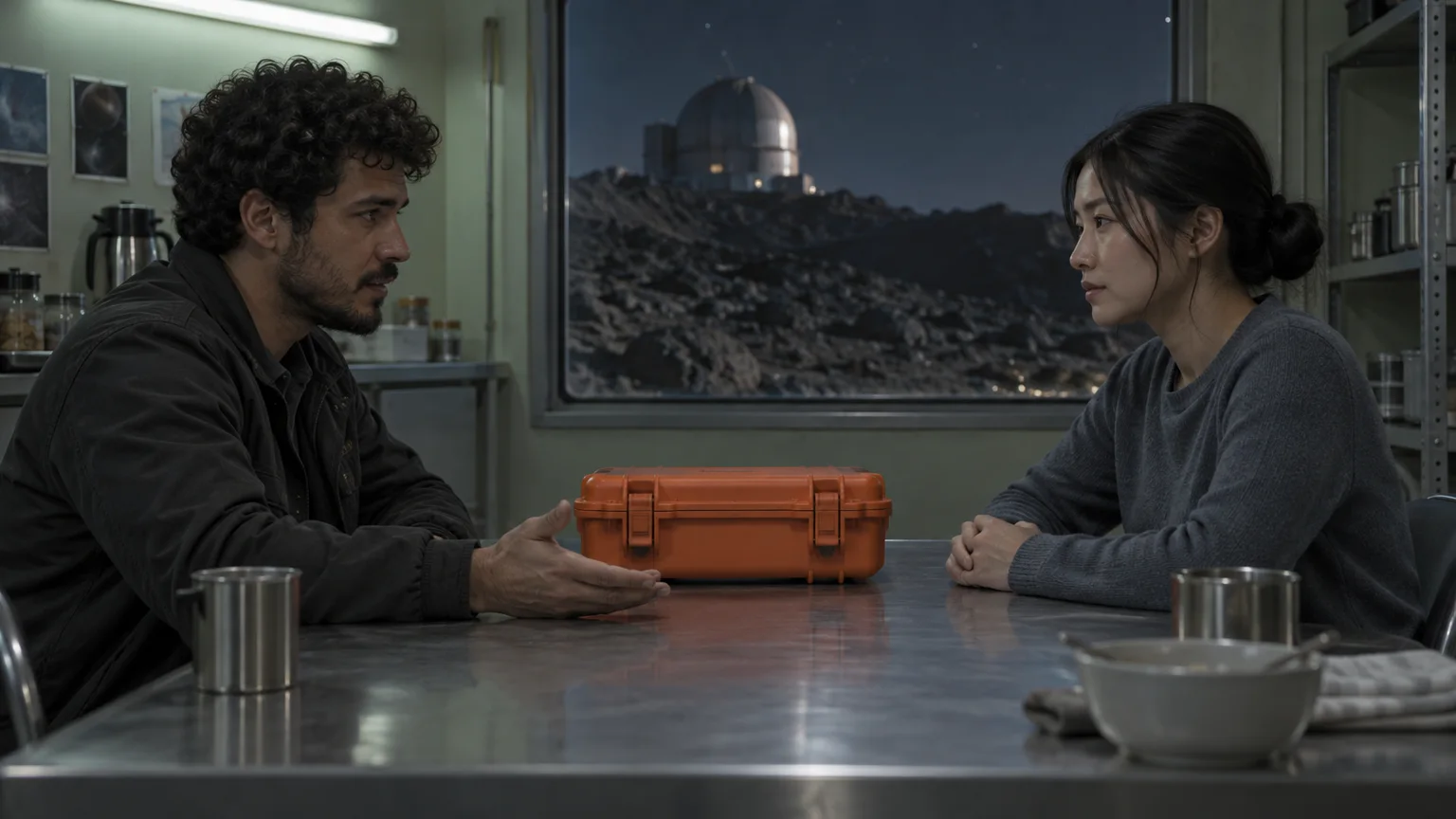 Two adult observatory staff discuss an orange document case across a break-room table