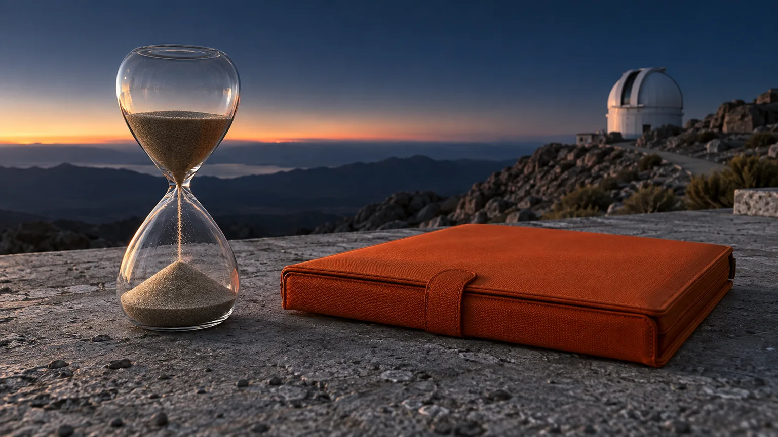 Hourglass and orange document folder on an observatory terrace before dawn