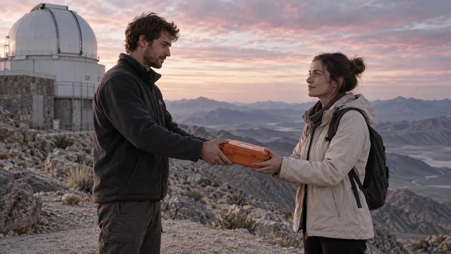 Adult technician hands an orange document case to an adult visitor outside a rocky observatory at first light