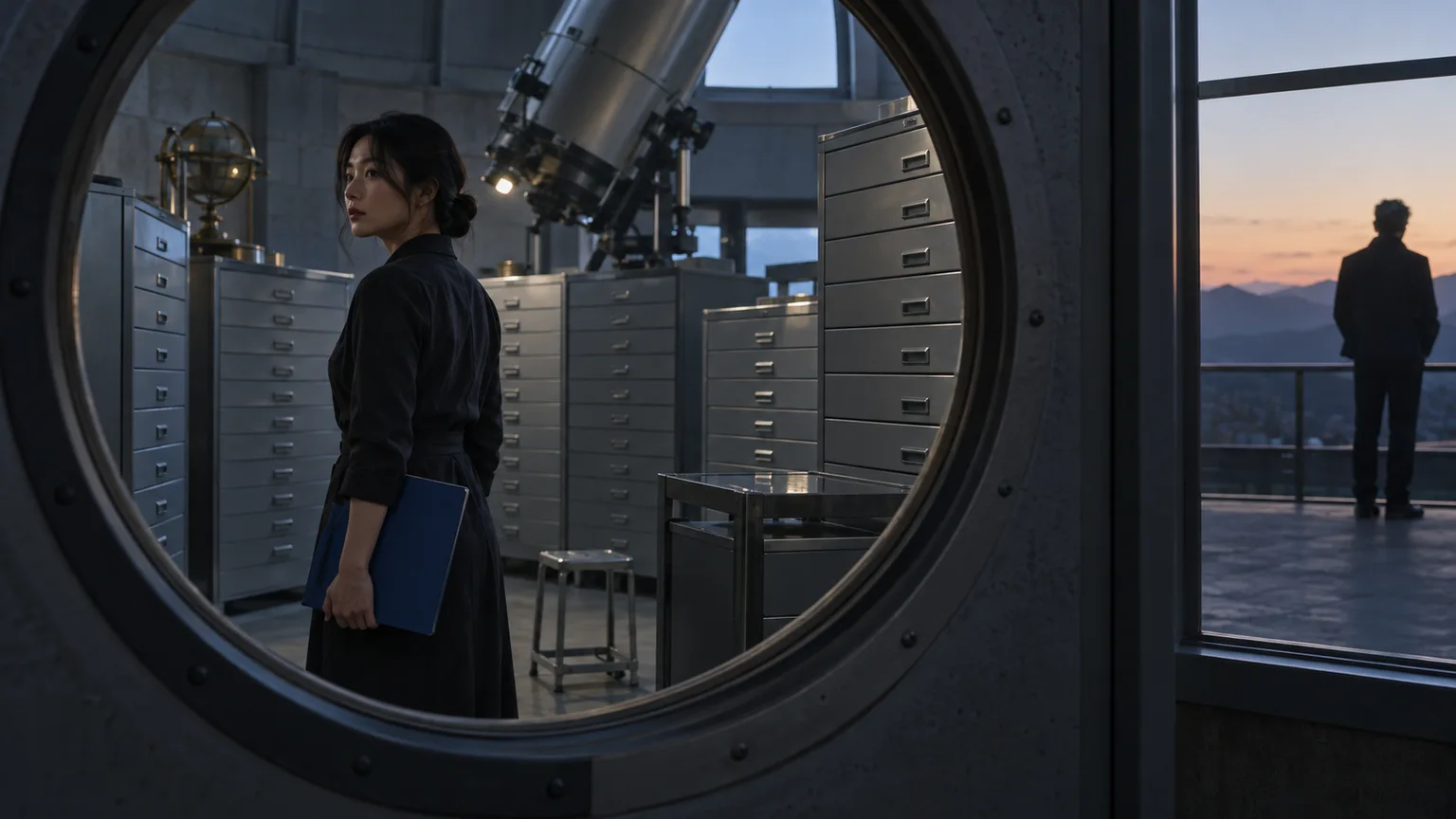 Adult archivist holding a blue folder inside an observatory while a figure stands beyond a separate window