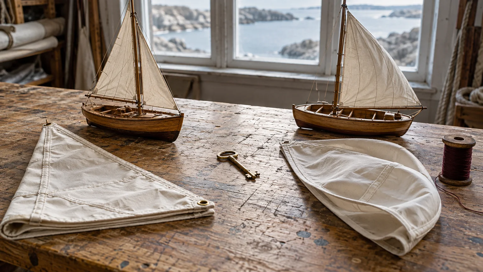 Two small wooden boat models and separate folded canvas pieces flank a brass key on a workshop table