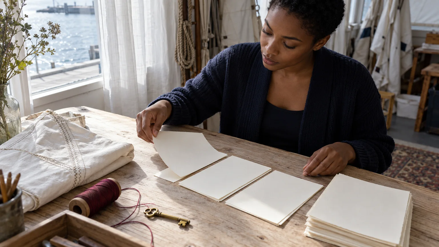 Adult writer arranges blank manuscript pages beside a brass key, burgundy thread and folded sailcloth