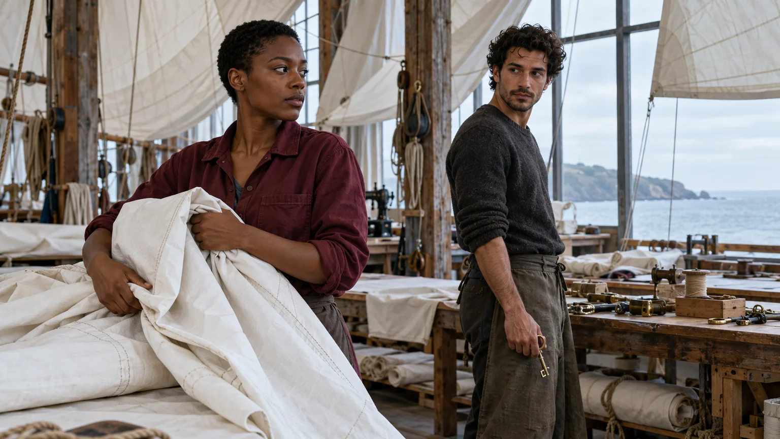 Two adult sailmakers pursue competing aims beside white sailcloth in a coastal workshop