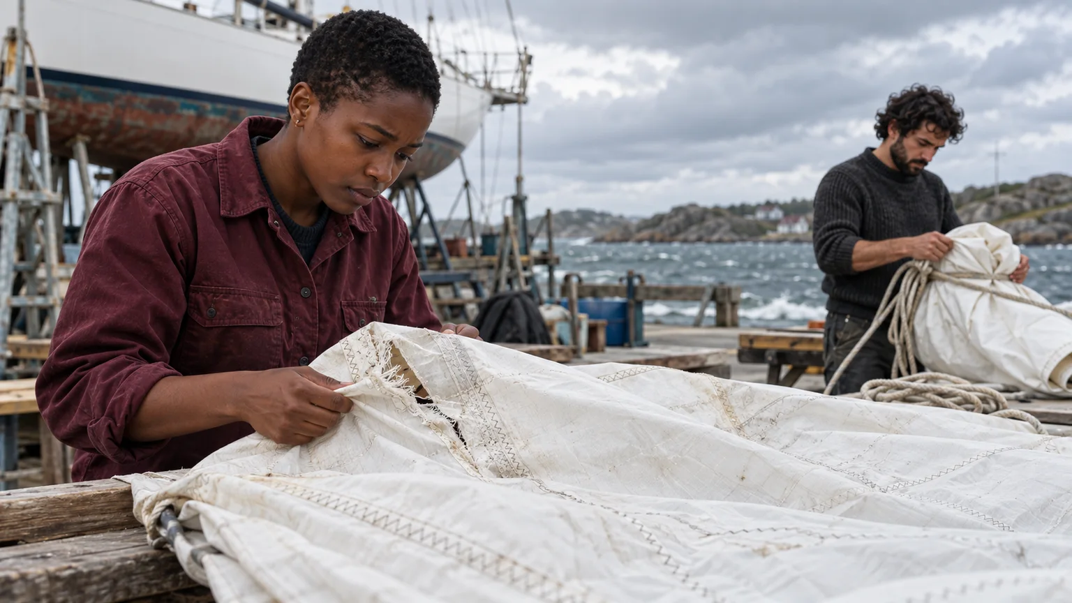 Woman examines a damaged sail in a coastal boatyard while her rival checks a separate bundle of sailcloth
