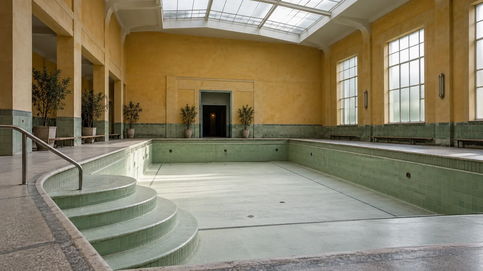 Bassin vide aux carreaux verts, marches arrondies, passage périphérique et porte sous une verrière dans une ancienne piscine.