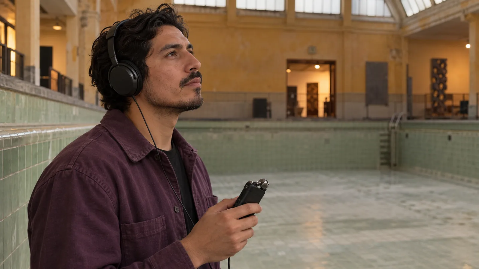 Portrait d’un artiste sonore adulte avec casque et enregistreur, attentif aux sons d’une ancienne piscine vide.