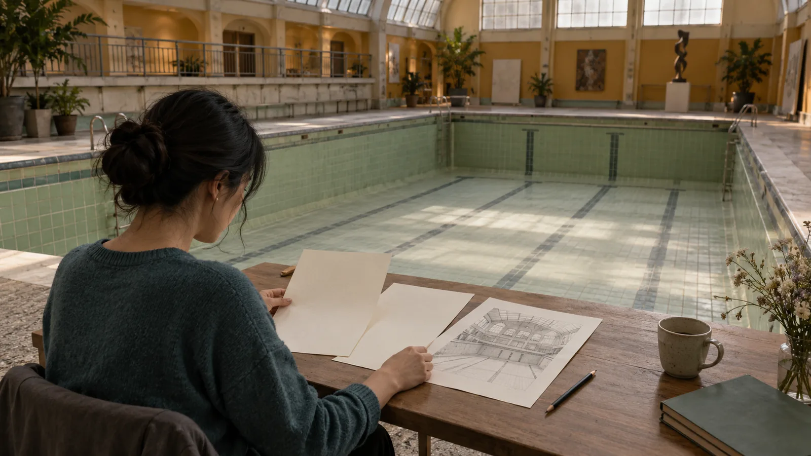 Une créatrice adulte compare des feuilles et un croquis sans annotations à une table près d’un bassin vide.