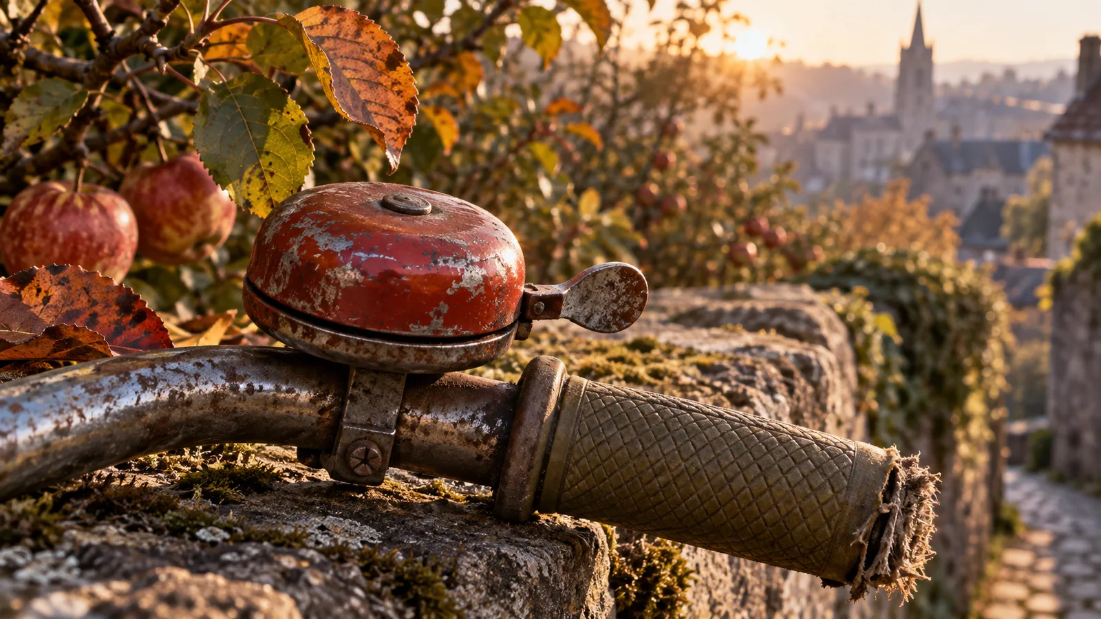 Versleten rode fietsbel op een oud stuur ligt op een stenen muur tussen herfstbladeren van appelbomen