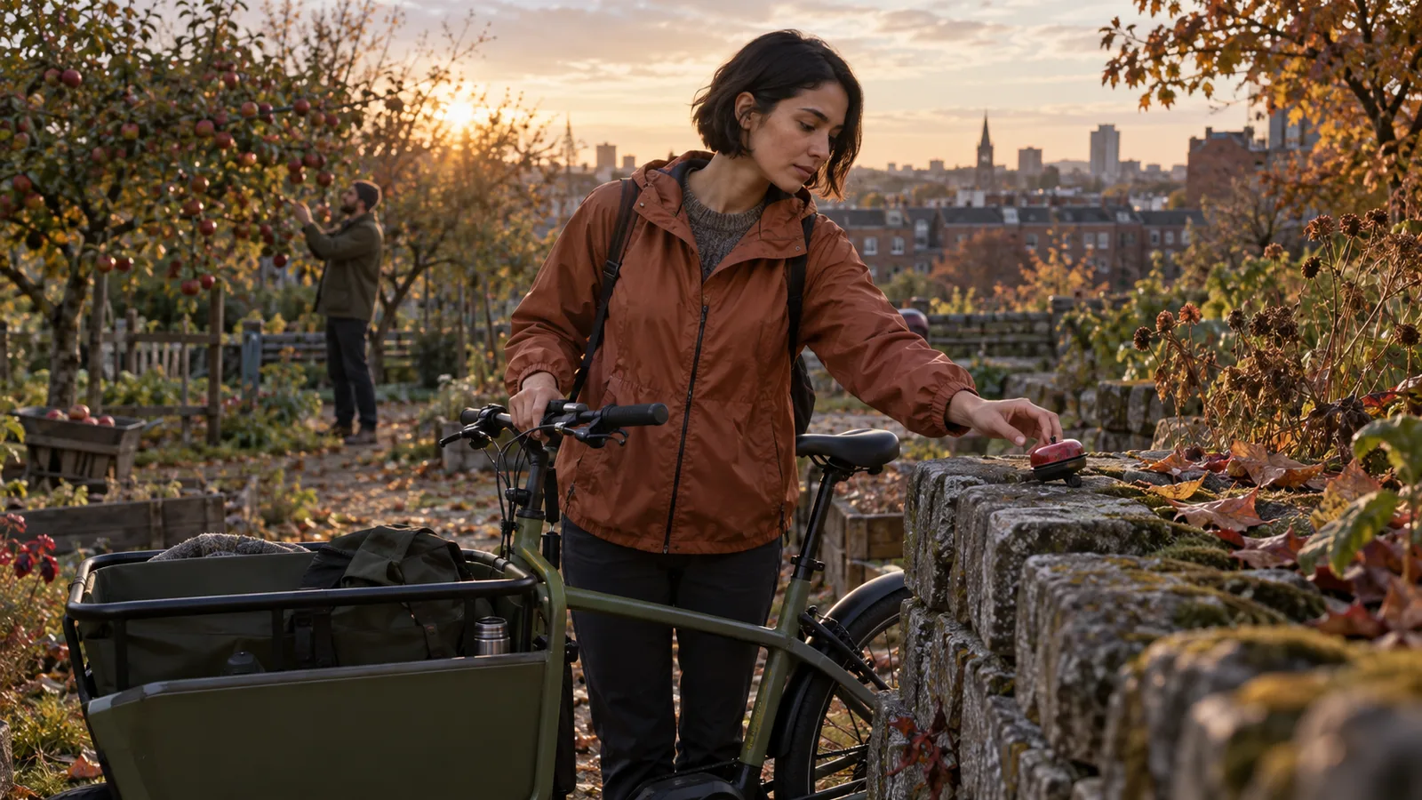 Volwassen fietskoerier in een koperkleurig jack bekijkt een oude rode fietsbel naast haar bakfiets in een herfstige stadsboomgaard