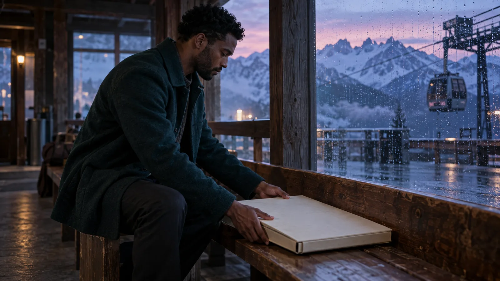 Adult printmaker in a teal jacket sets his cream portfolio on a wooden bench inside a mountain station