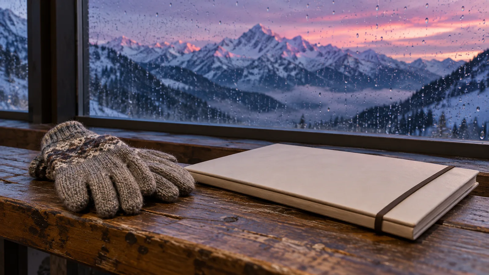 Two worn wool gloves and an unmarked cream portfolio rest on a wooden station bench beside a rainy window