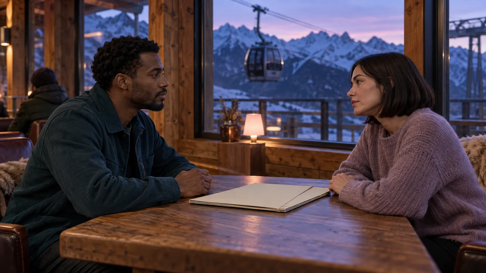 Two adults with a cream portfolio face one another inside a softly lit wooden mountain-station waiting room