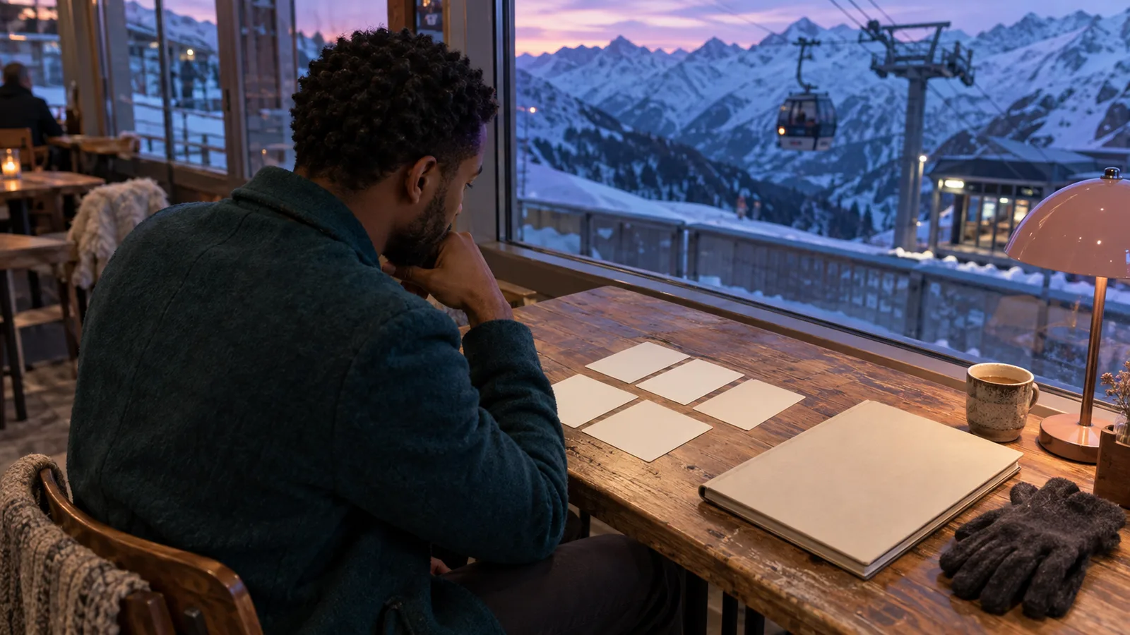 Adult writer in a teal jacket reviews blank chapter cards and a cream portfolio at a table overlooking dusk mountains