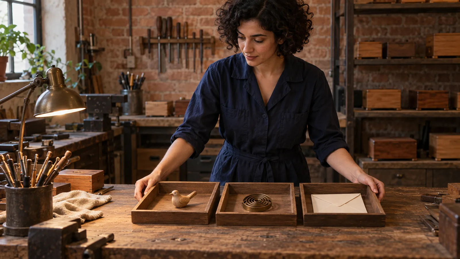 Adult writer in a navy jumpsuit arranges a wooden bird, brass spring and blank envelope in three trays at a brick workshop
