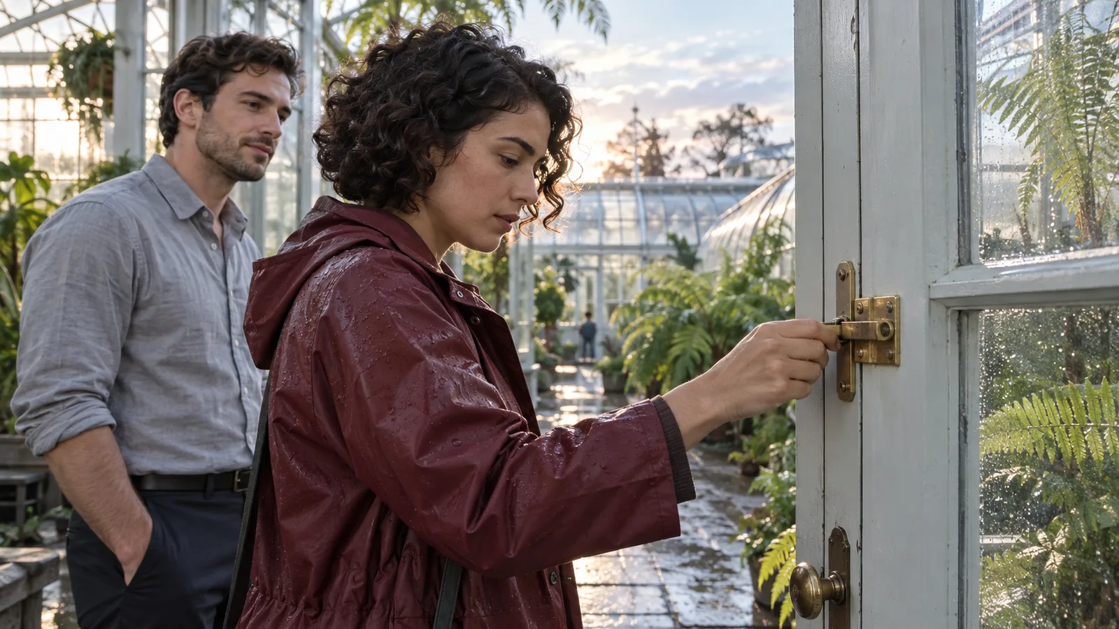 Adult woman checks the brass latch of a pale glasshouse door while her colleague stands nearby in morning light