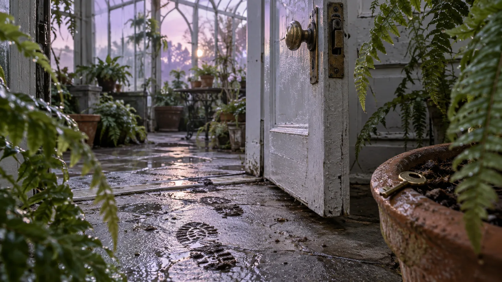 An ajar glasshouse door, damp boot prints and a small brass key beside a terracotta plant pot