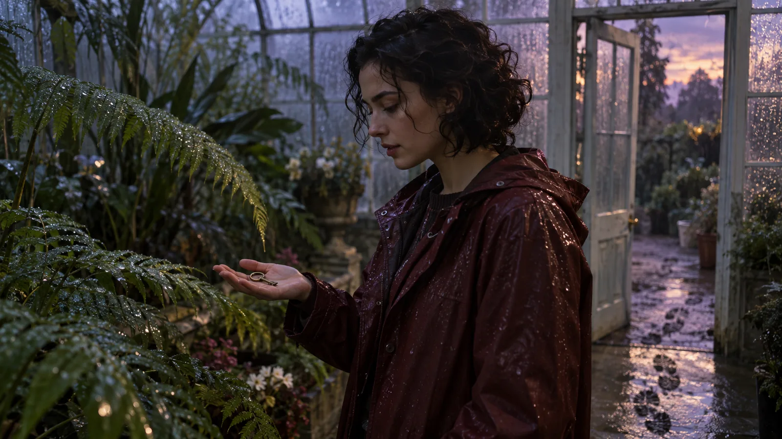 Adult woman in a burgundy raincoat studies a brass key inside a wet glasshouse with an open door behind her