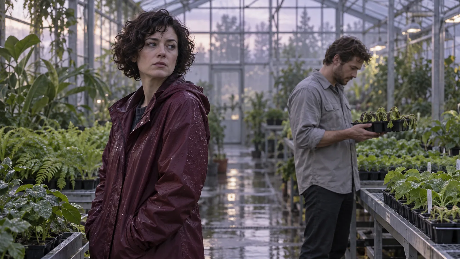 Adult woman in a burgundy raincoat pauses beside rows of seedlings while a colleague examines a damaged tray