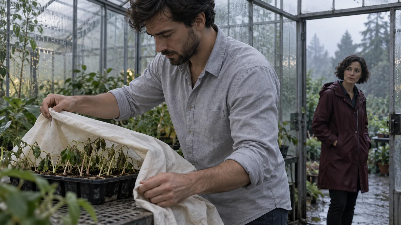 Adult colleague wraps a damaged seedling tray in cloth as a woman watches from the glasshouse doorway