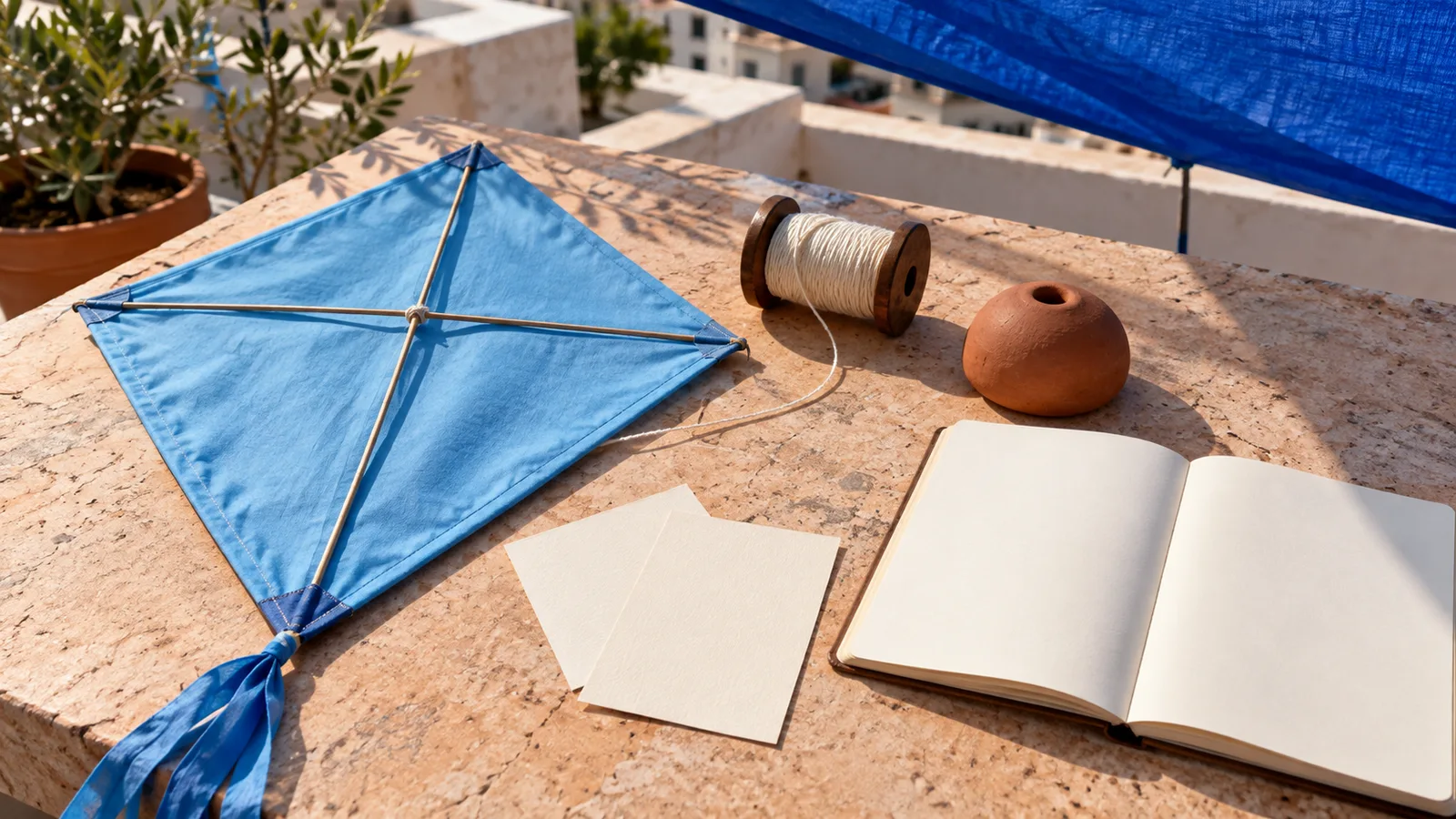 Cerf-volant bleu, bobine de fil, deux cartes vierges et carnet ouvert sur une table de terrasse claire