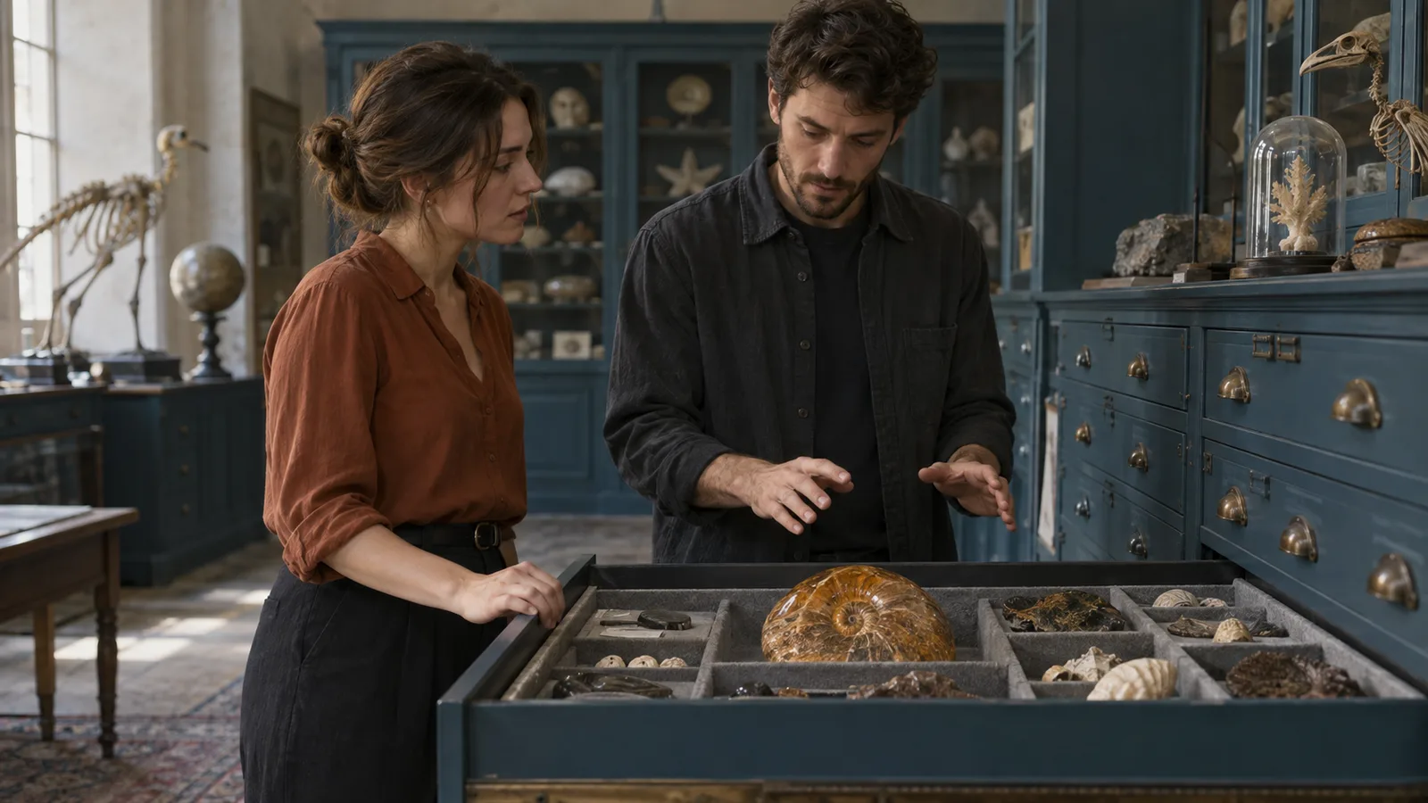 Adult man pauses with his hands above a large amber fossil while a woman holds the edge of an open collection drawer