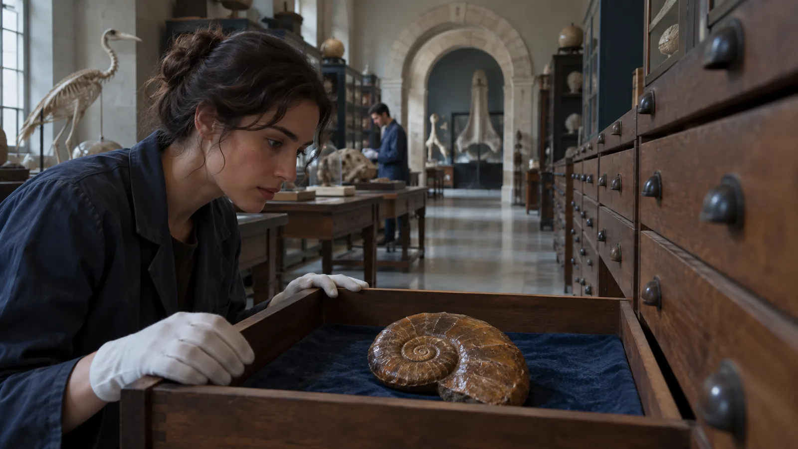 Adult woman wearing white gloves examines a large spiral fossil in a wooden drawer among rows of collection cabinets