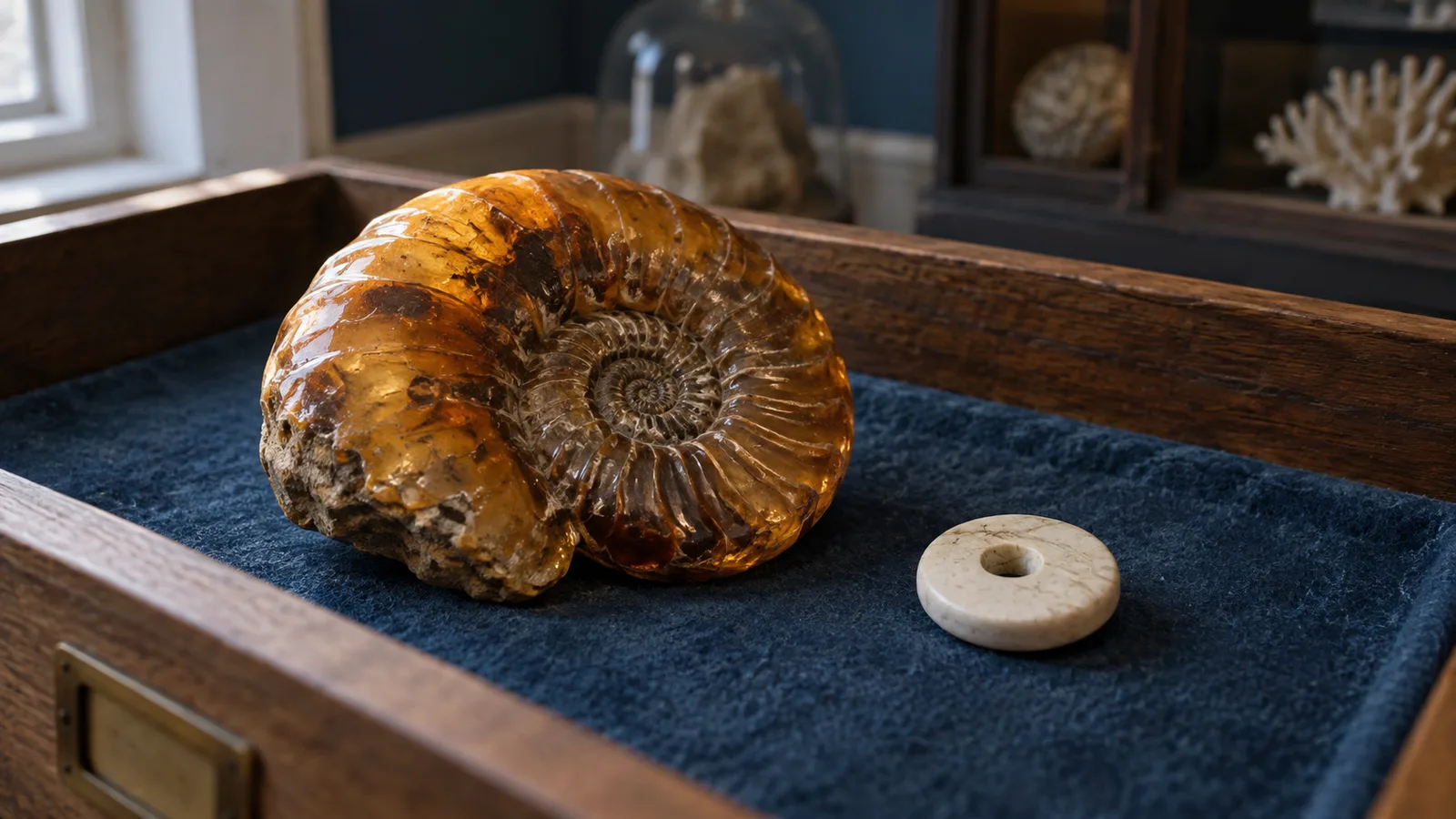 Amber spiral fossil and a cream ceramic token with a round hole lie on blue felt inside a wooden drawer