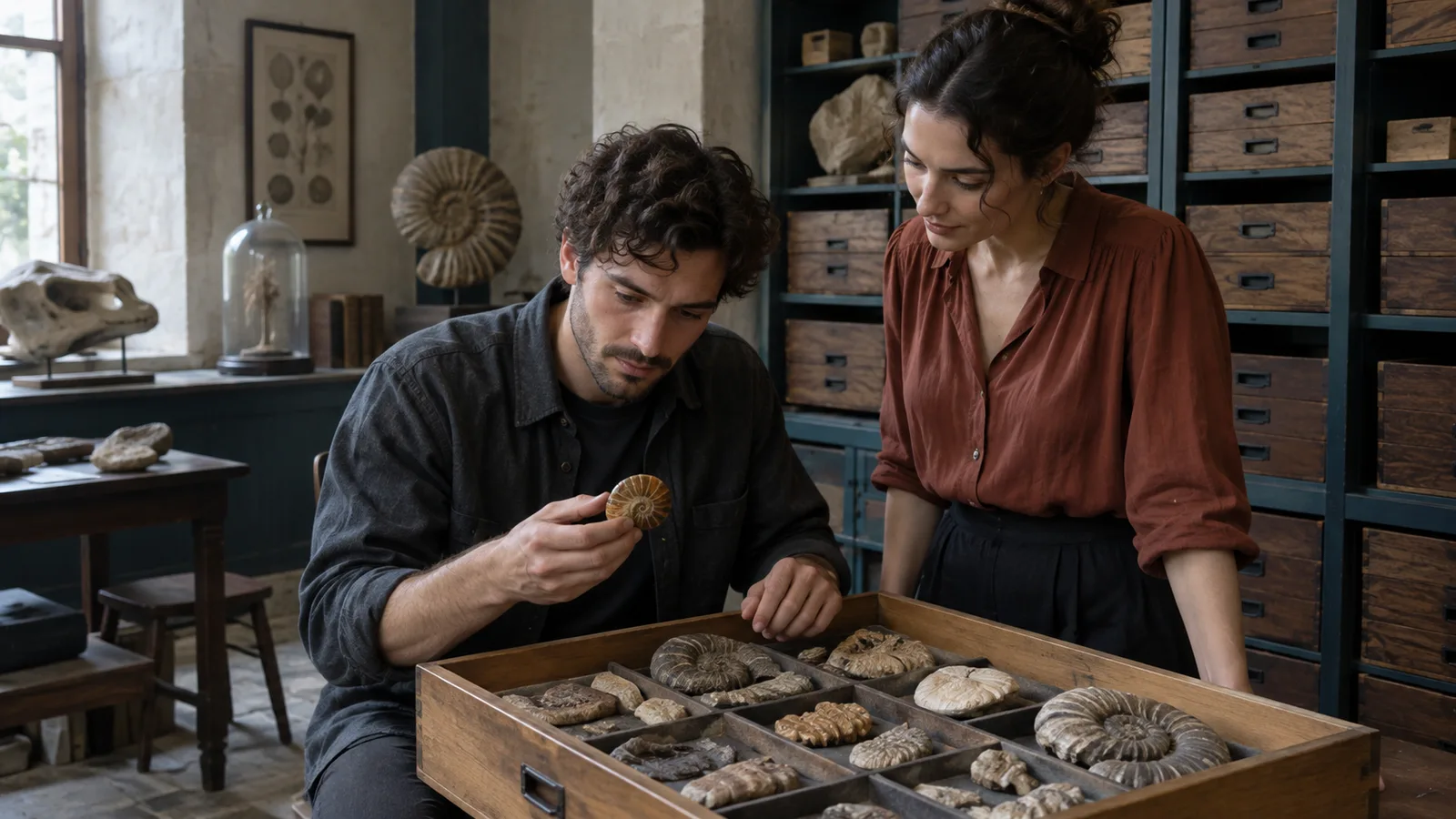 Adult man examines a small spiral fossil beside a woman and an open specimen drawer in a blue collection room