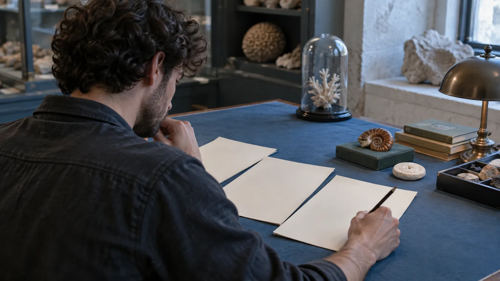Adult writer holds a pencil over three blank-facing manuscript sheets beside a small spiral fossil and ceramic token on a blue table