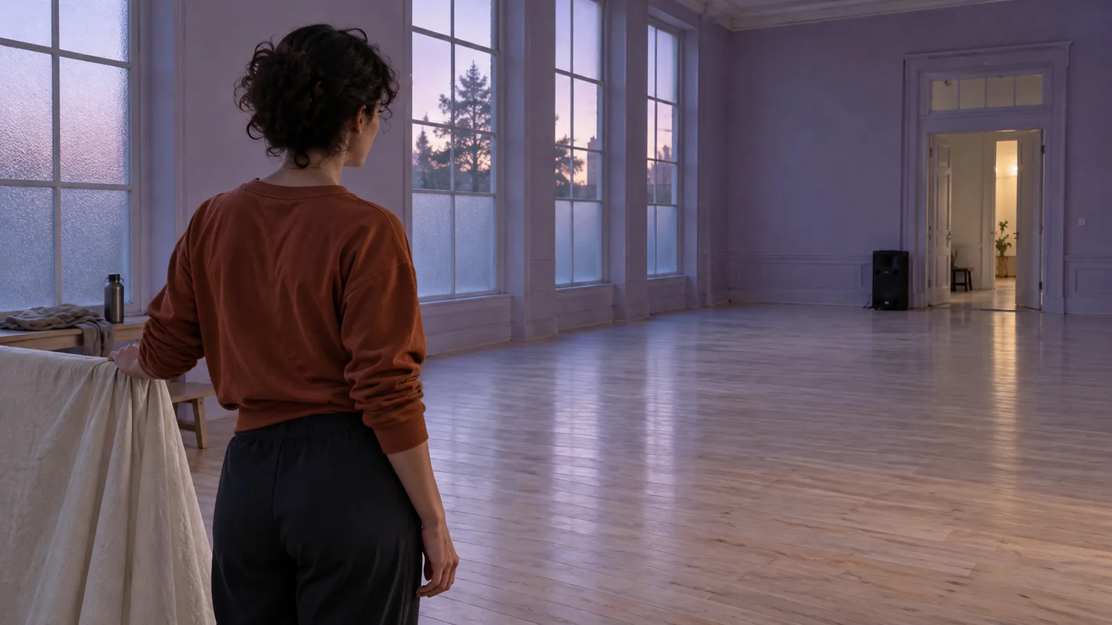 Femme aux cheveux courts bouclés tenant un tissu crème près d’un banc et regardant la porte d’une salle de répétition lavande