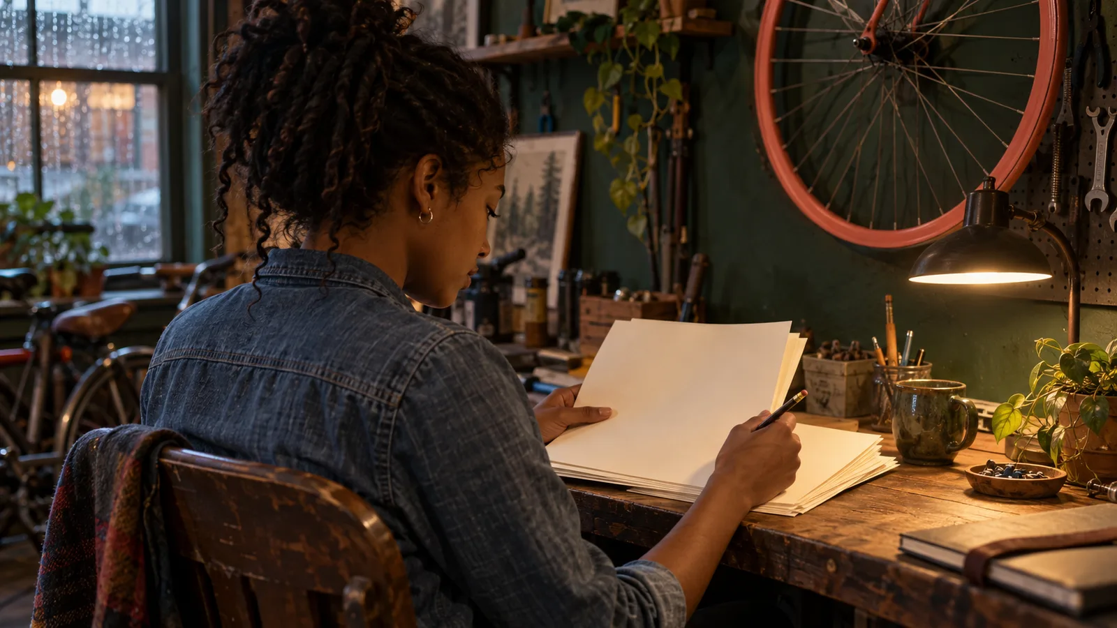 Una escritora adulta revisa páginas de un manuscrito con un lápiz en una mesa del taller de bicicletas
